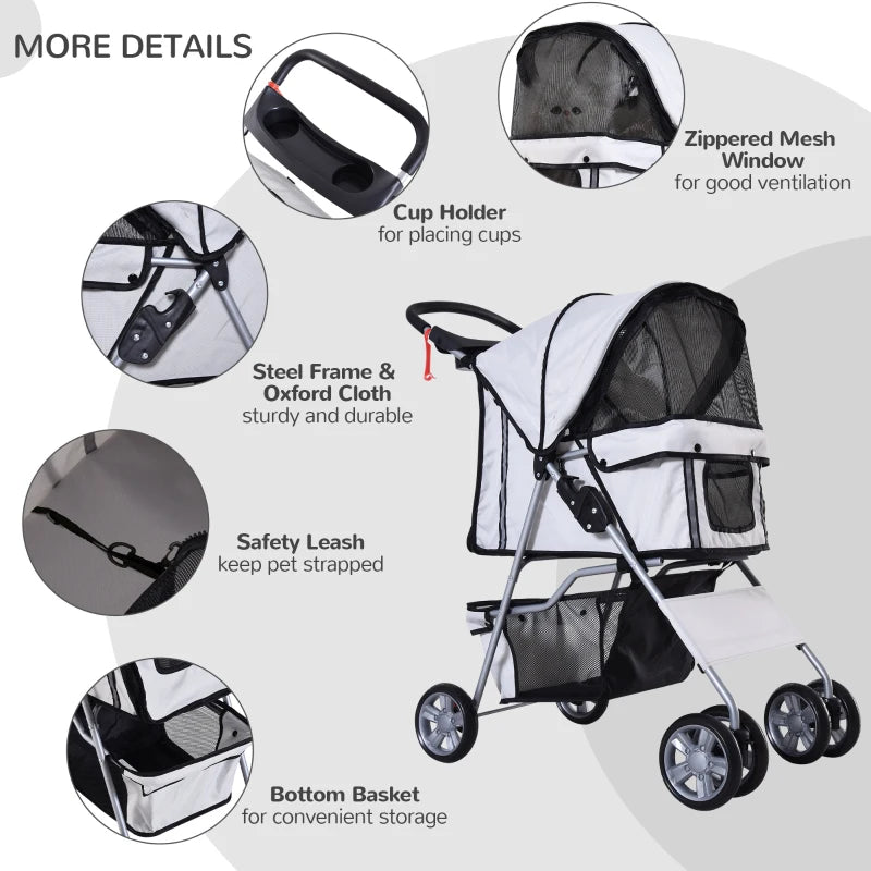 Grey Pet Stroller for Small Pets - Foldable Travel Carriage with Wheels