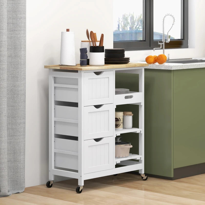 White Rolling Kitchen Island Cart with Shelves & Drawers