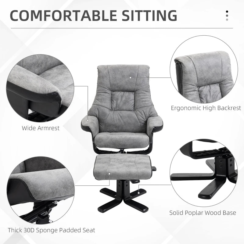 Grey Fabric Swivel Recliner Armchair Set with Footstool