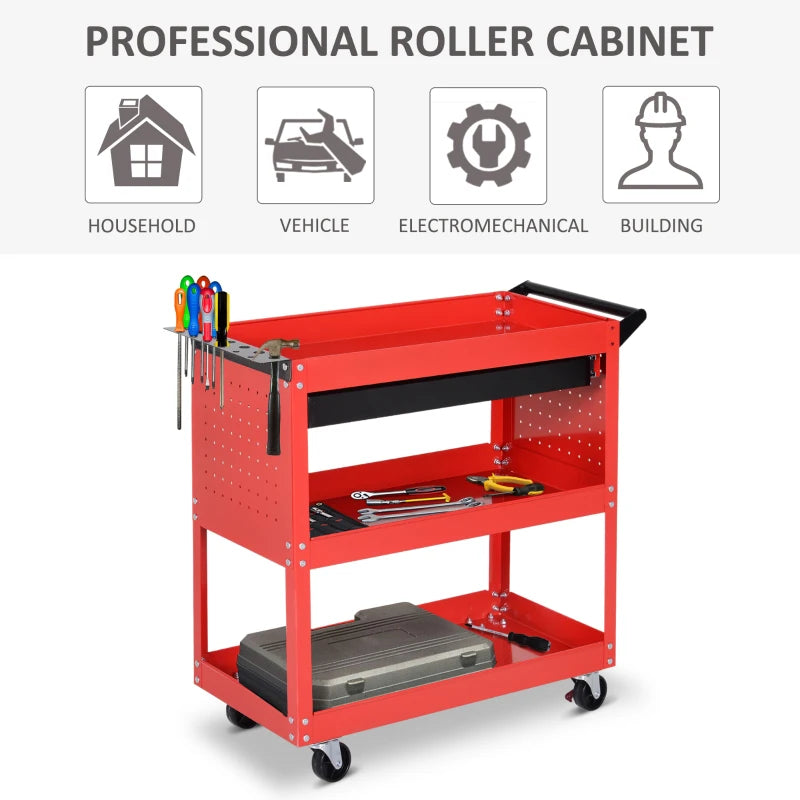 Red 3-Tier Tool Trolley Cart with Drawer