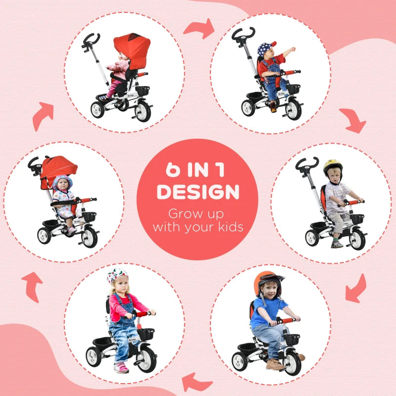 Red 6-in-1 Baby Push Tricycle with Parent Handle - Ages 1-5