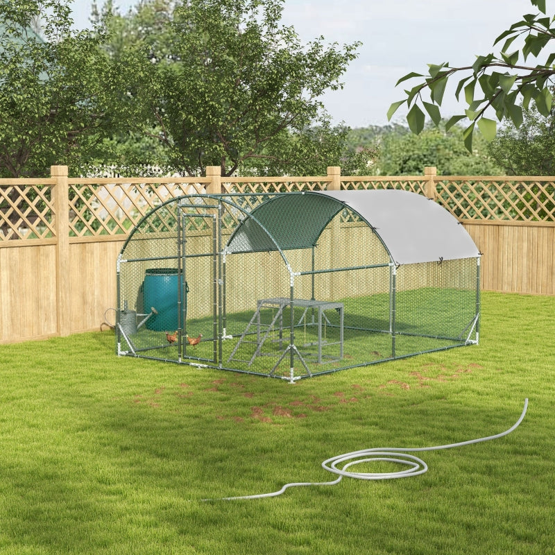 Large Chicken Run with Activity Shelf and Cover, 2.8 x 3.8 x 2m, Green