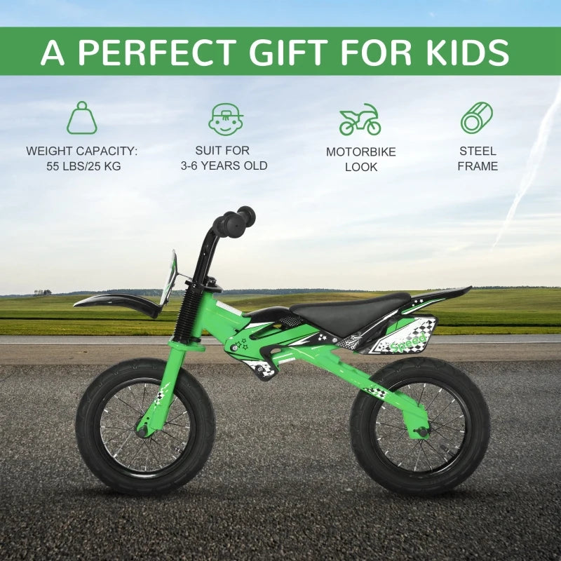 Green 12" Kids Balance Bike, No Pedal Training Bicycle, Motorbike Style