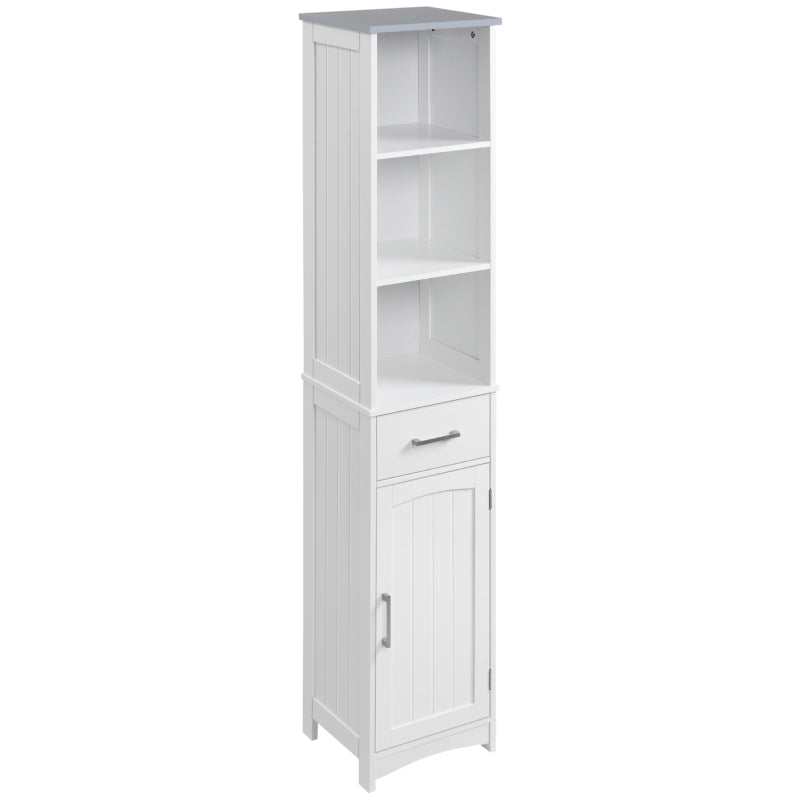 White Tall Bathroom Storage Cabinet with 3 Tier Shelf & Drawer