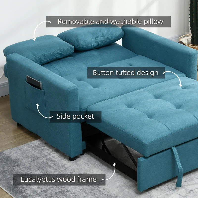 Blue Convertible Loveseat Sofa Bed with Cushions and Side Pockets