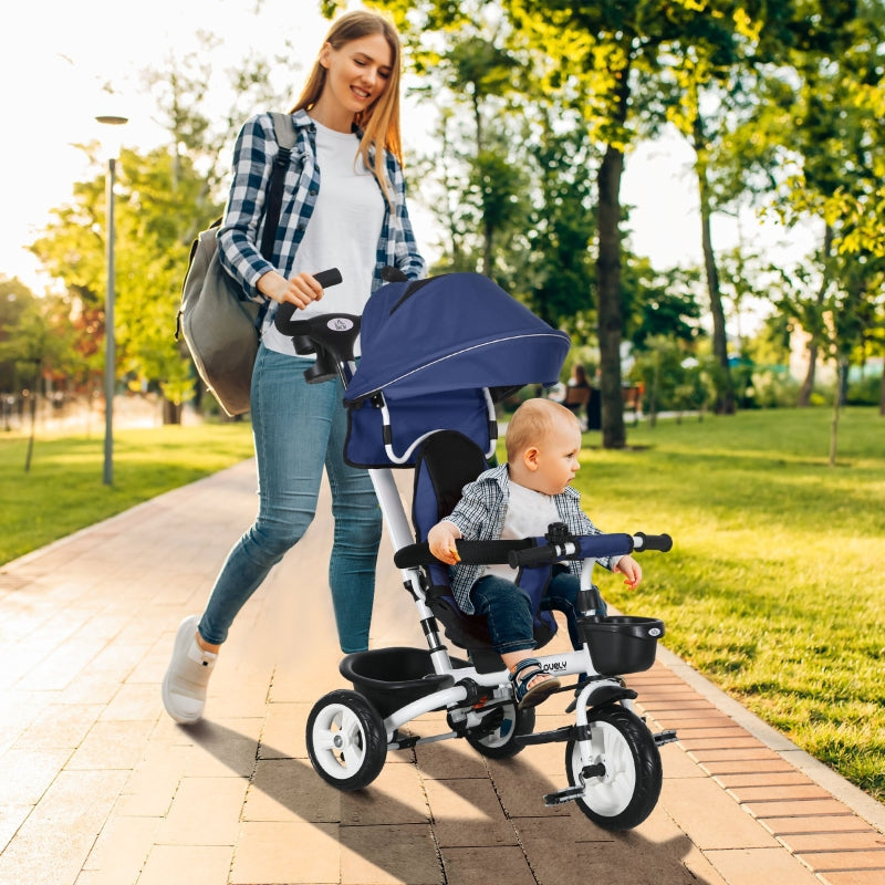 Dark Blue 6-in-1 Baby Push Tricycle with Parent Handle - Ages 1-5