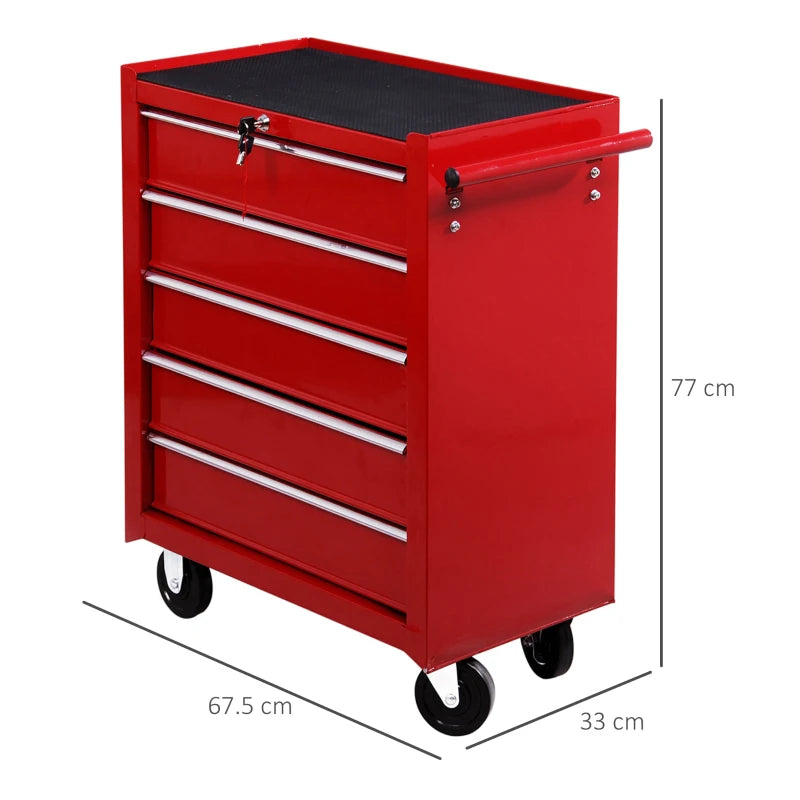 Red 5-Drawer Lockable Steel Tool Chest on Wheels with Side Handle