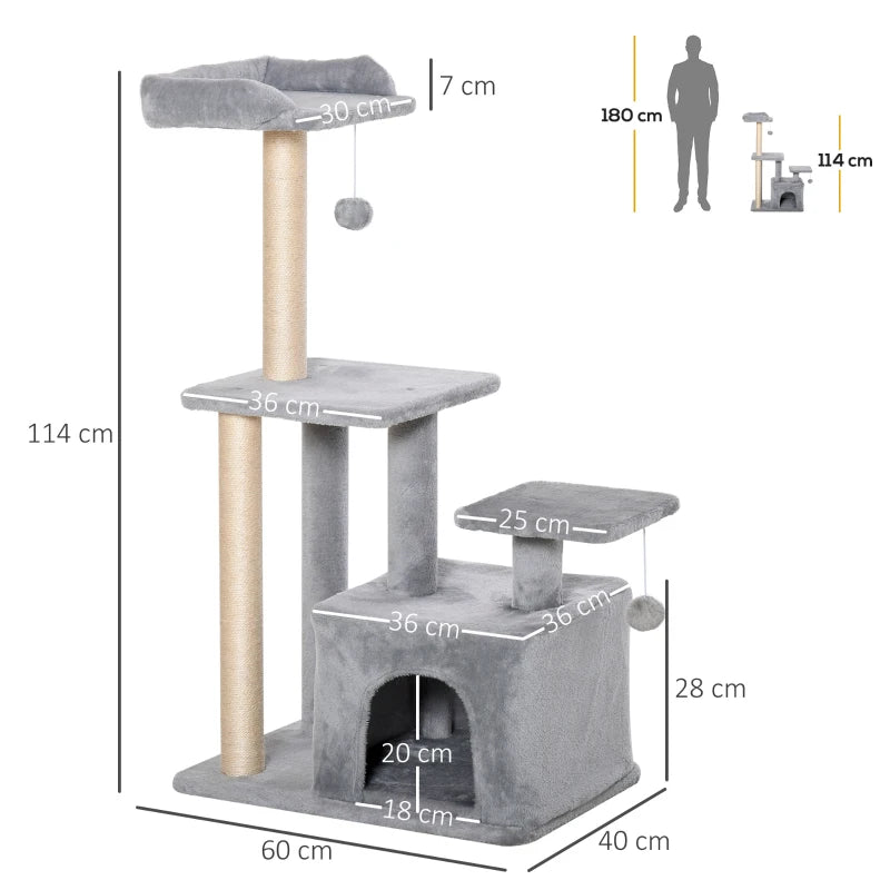 Cat Climbing Tower 114cm with Scratching Post & Toy - Light Grey