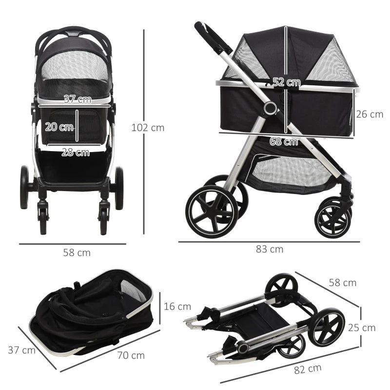 Black 3-in-1 Foldable Pet Stroller with EVA Wheels & Canopy