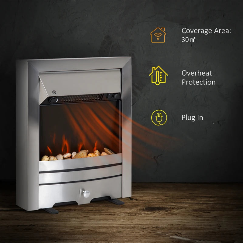 Stainless Steel Electric Fireplace with Pebble Burning Effect - 2KW Heater, LED Flame - Silver