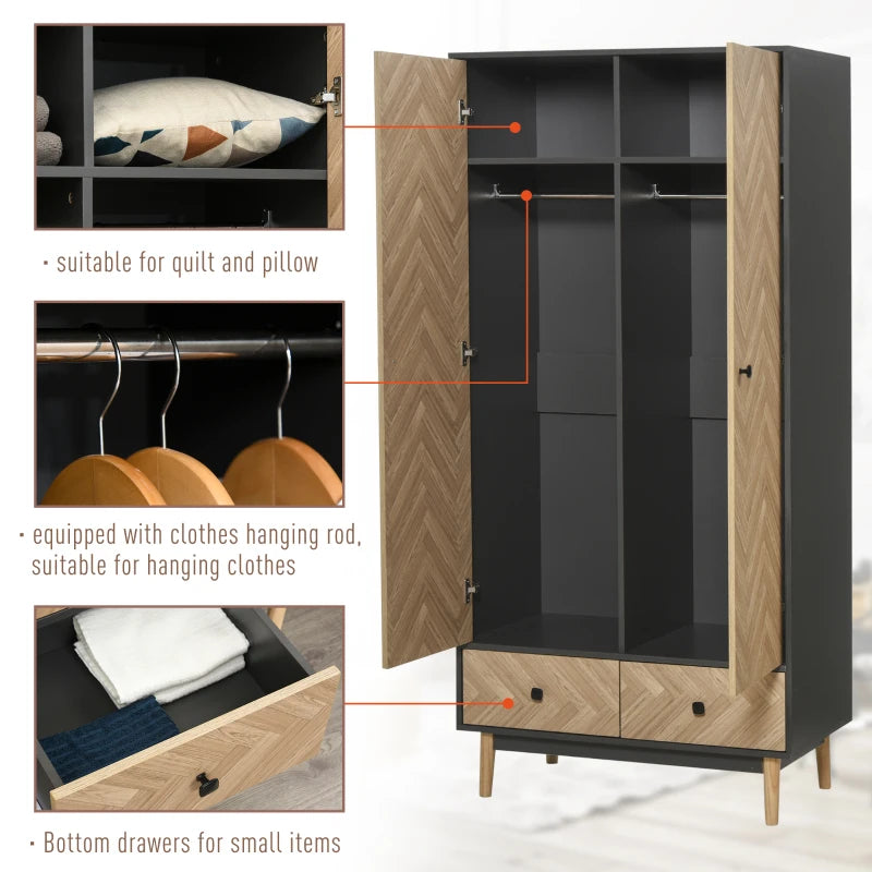 Modern Wood Grain Wardrobe Cabinet with Shelf, Hanging Rod, and Drawers - 90x50x190cm (Color: Oak)