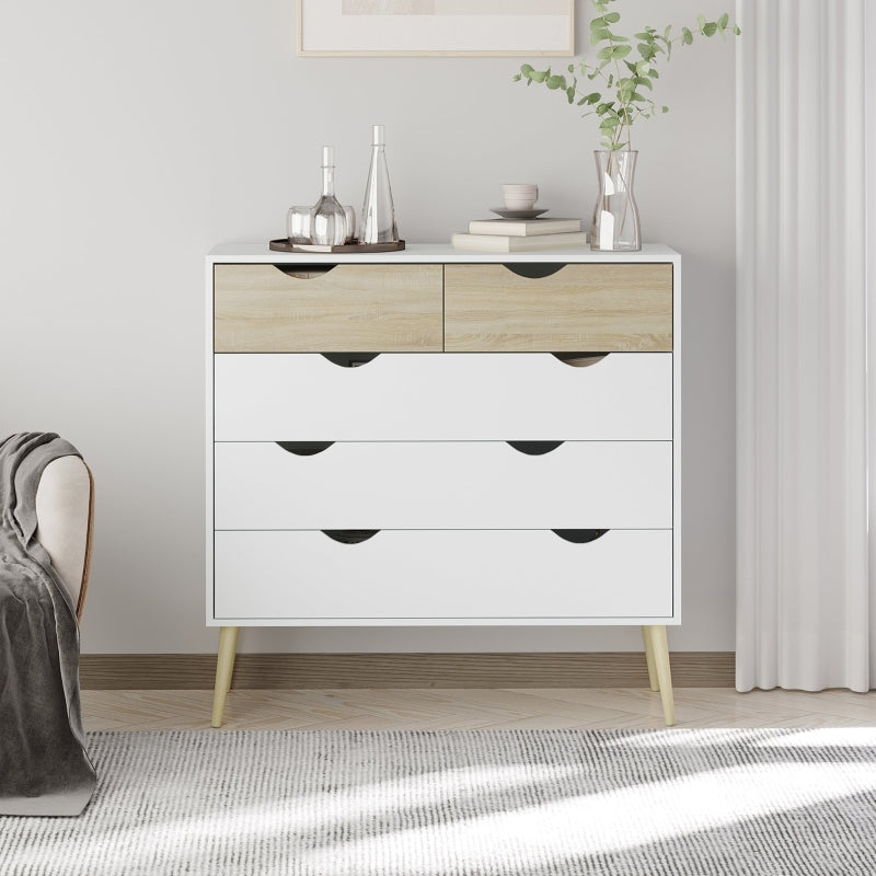 Modern White 5-Drawer Chest with Tapered Legs and Groove Handles