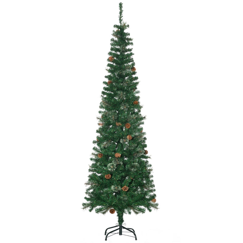 6.5FT Tall Slim Green Christmas Tree with Realistic Branches and Pine Cones