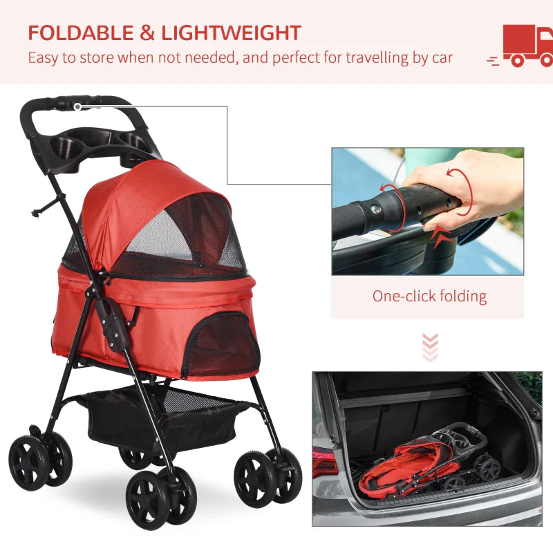 Red Dog Stroller with Rain Cover and Safety Features