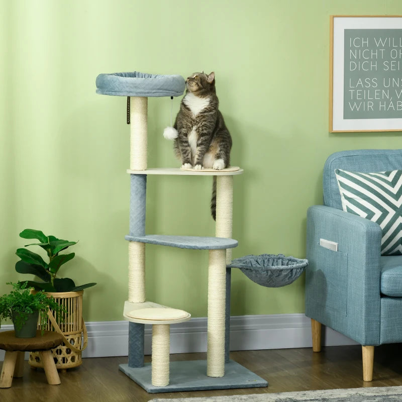 Cat Tree Tower with Scratching Posts, Mats, Hammock, Bed, Toy Ball - Grey