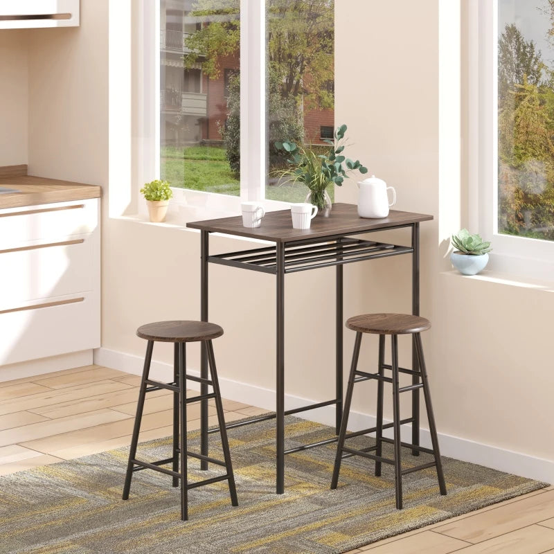 Black and Oak Bar Table Set with Footrest and Storage Shelf