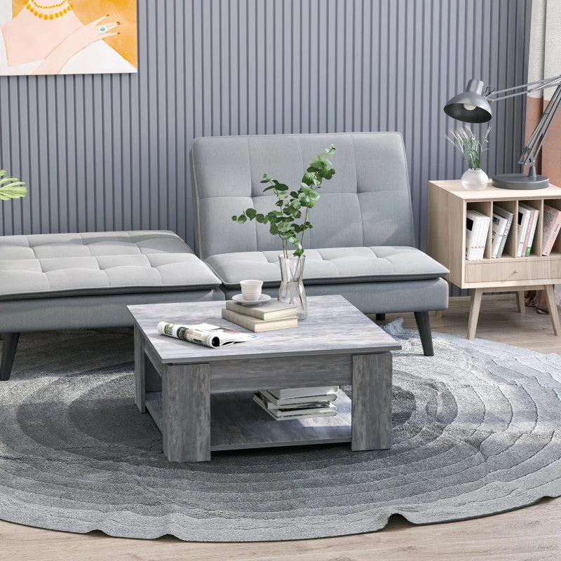 Grey Wood Grain 2-Tier Coffee Table with Bottom Storage Shelf