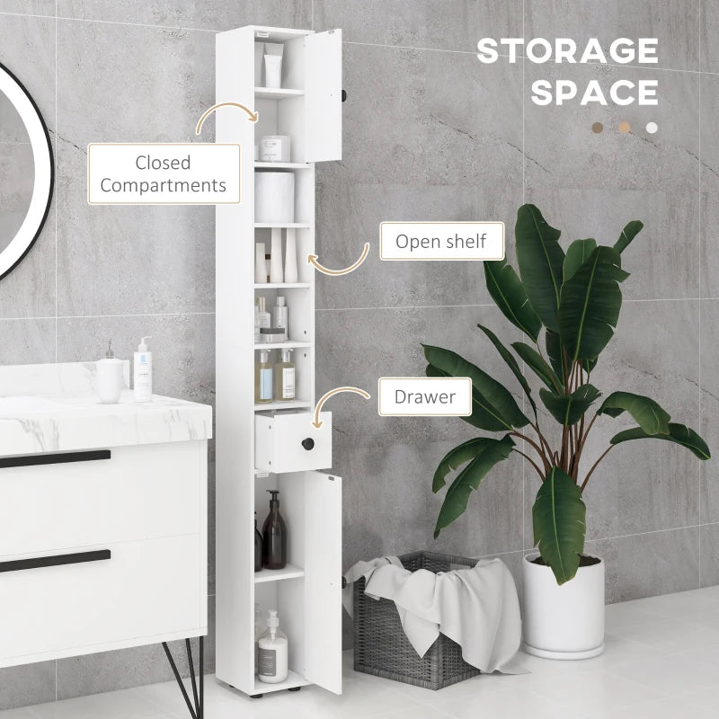 White 180cm Tall Slim Bathroom Storage Cabinet with Shelves