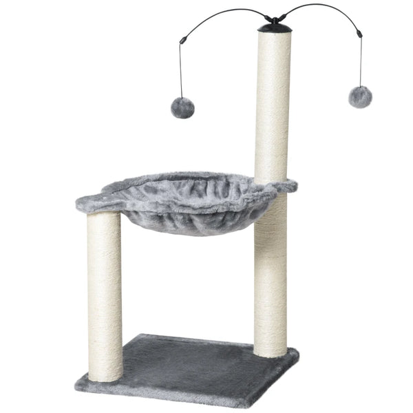 Grey Cat Tree Tower with Scratching Post, Hammock & Ball - 40x40x83 cm