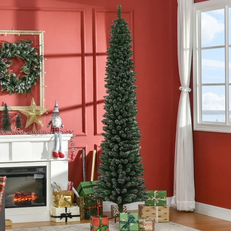 7.5FT Snow-Dipped Green Christmas Pencil Tree with Foldable Stand