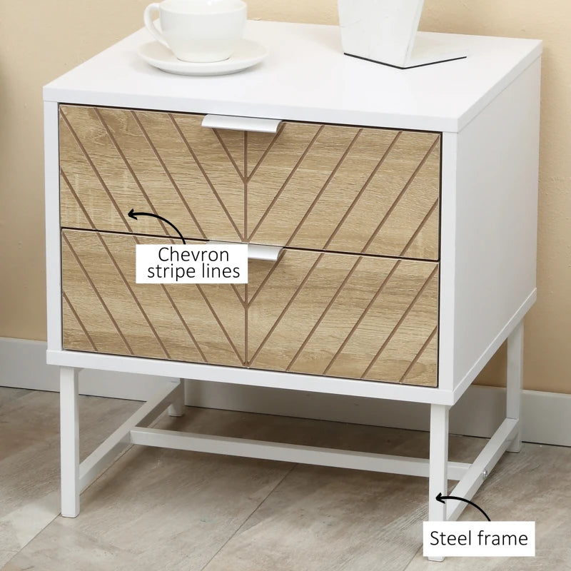 Modern White and Oak 2-Drawer Bedside Table with Metal Frame