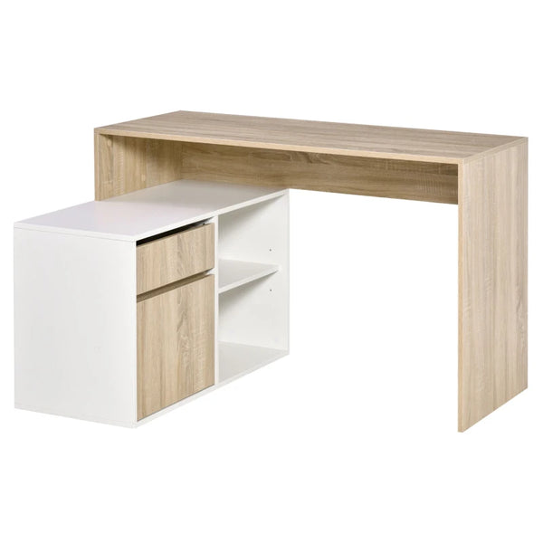 Oak and White L-Shaped Corner Computer Desk with Storage Drawer