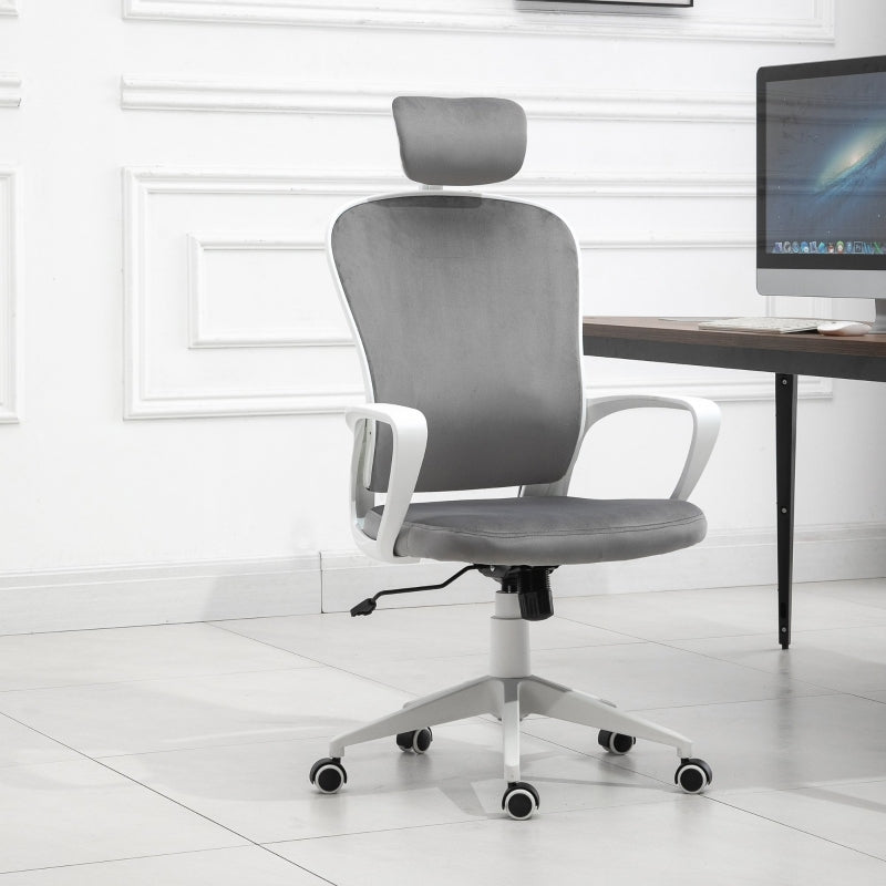 Grey Velvet Ergonomic Office Chair with Adjustable Headrest