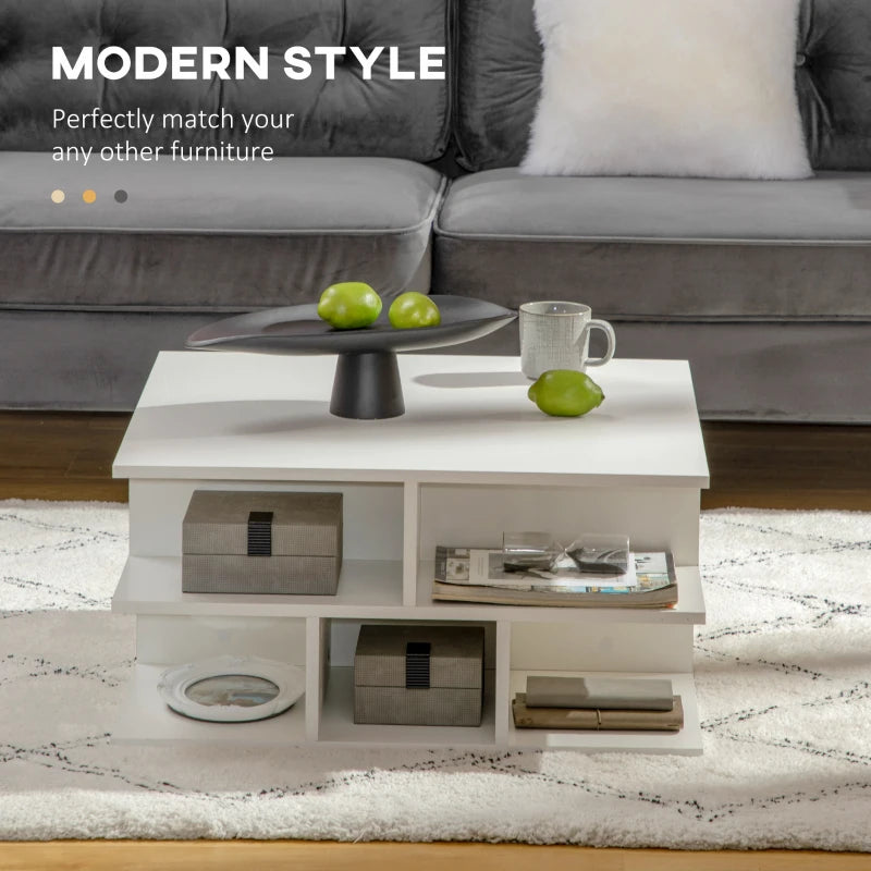 Modern White Square Coffee Table with Storage Shelves