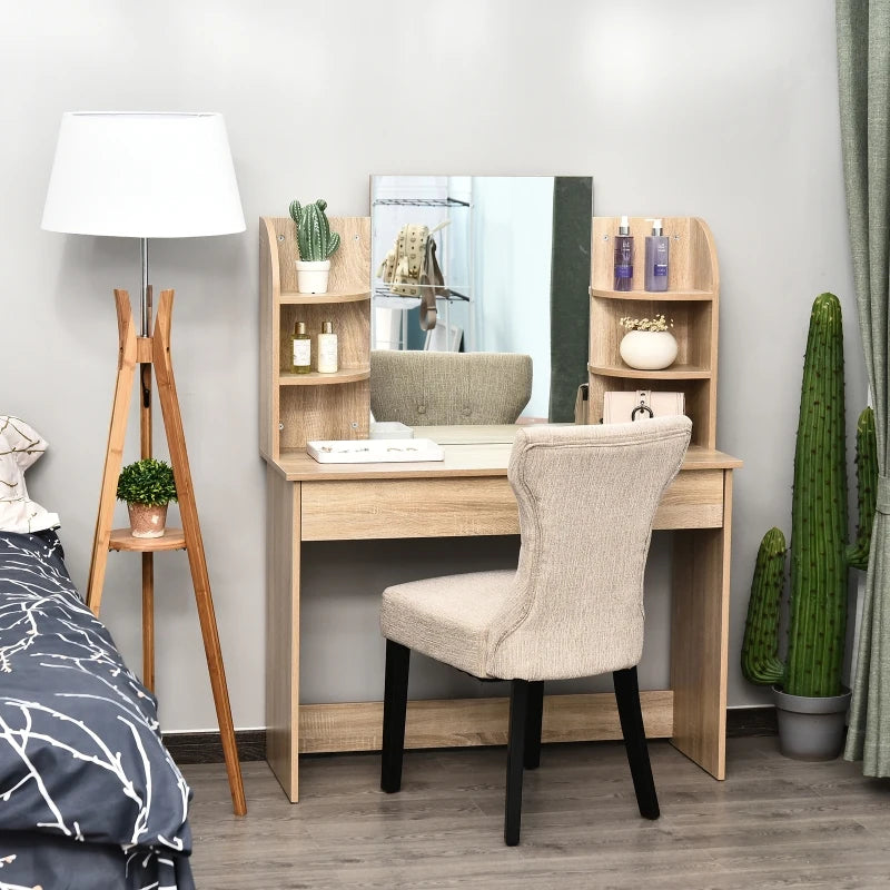 Natural Wood Dressing Table with Mirror and Storage