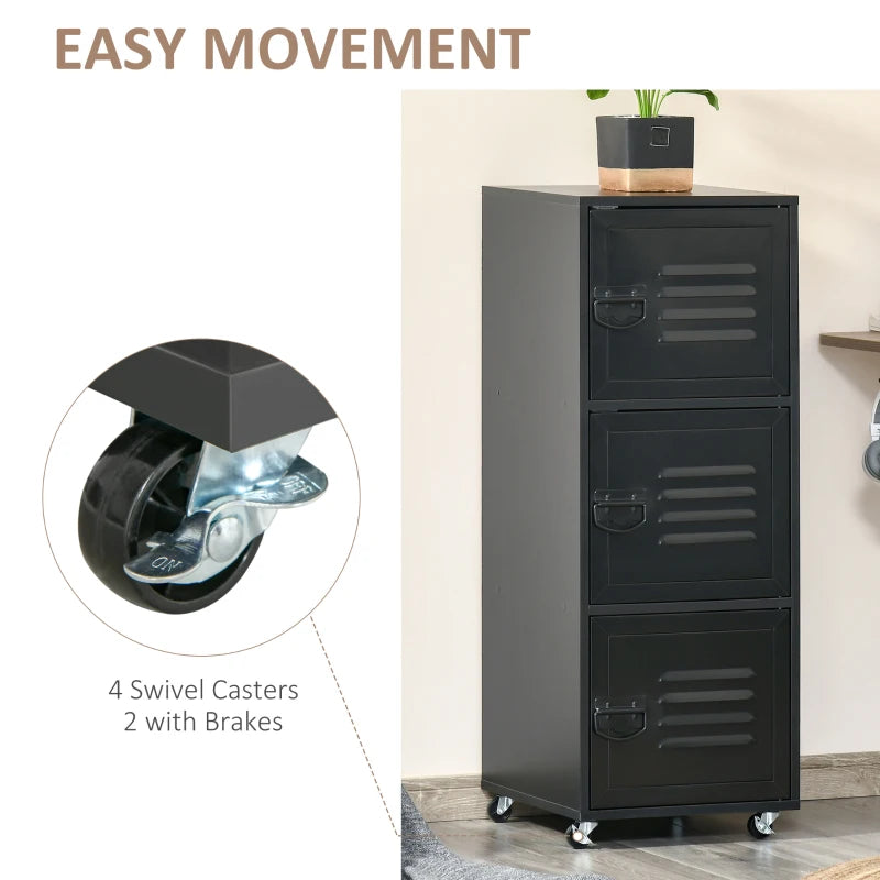 Black 3-Tier Rolling Metal Storage Cabinet with Wheels