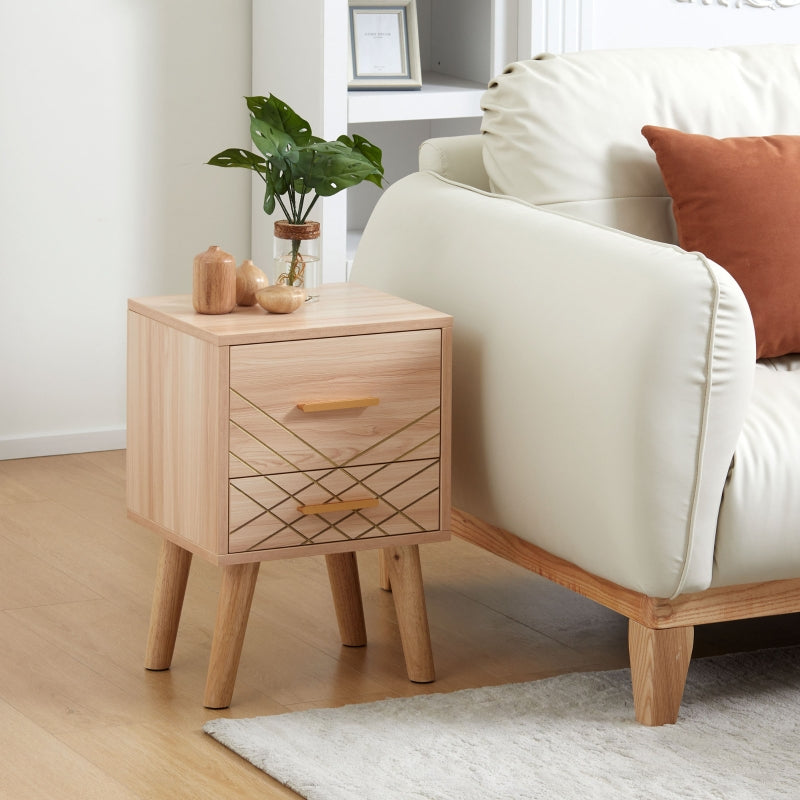 Scandinavian Bedside Table with Drawers, Natural Wood Finish