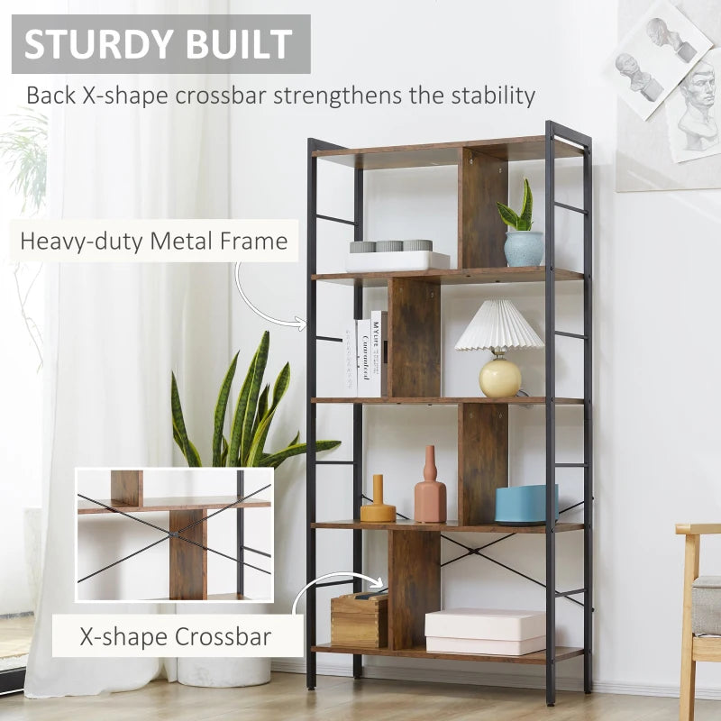 Rustic Brown 5-Tier Metal Frame Storage Shelf Bookcase