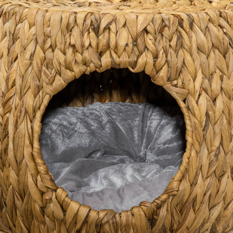 Rattan Cat Cave Stool with Washable Cushion - Indoor/Outdoor Kitten Bed (Grey)