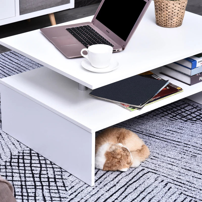 White 2-Tier Coffee Table with Storage and Open Shelf