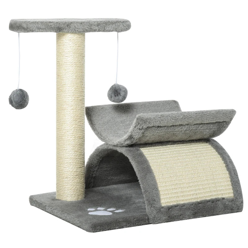 Grey Cat Tree with Rotating Top Bar, Scratching Post, Tunnel & Balls