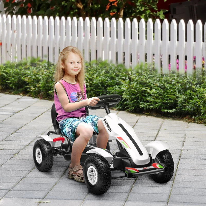 White Kids Pedal Go Kart with Adjustable Seat and Handbrake