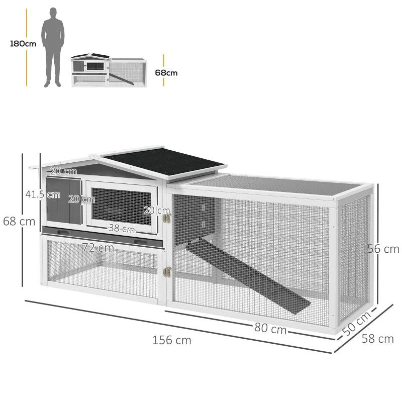 Grey Wooden Rabbit Hutch with Run and Accessories, 156 x 58 x 68cm