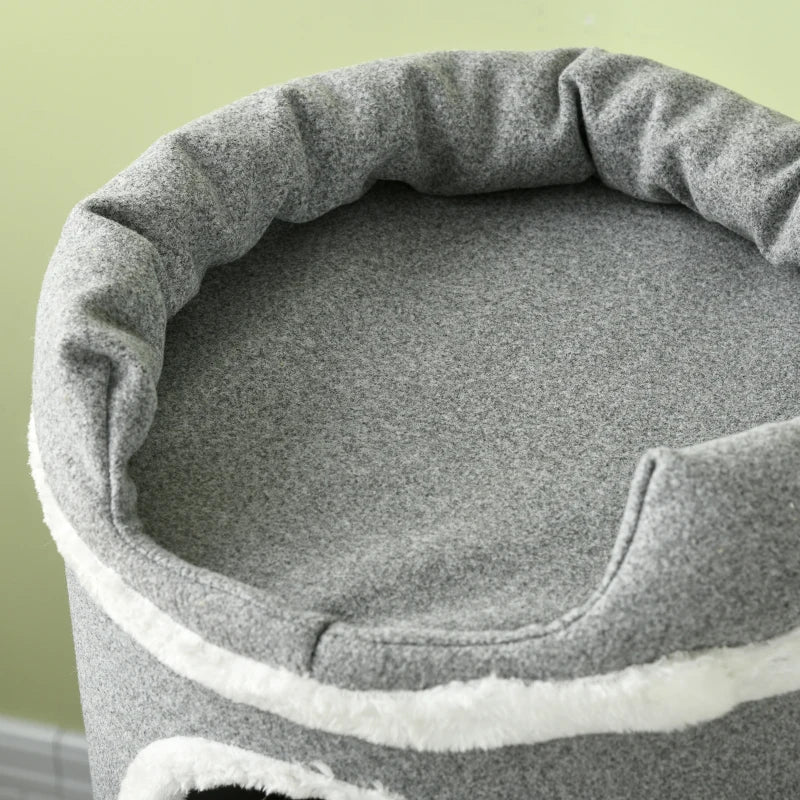 Grey Barrel Cat Tree with Scratching Posts, Bed, Platforms & Ball