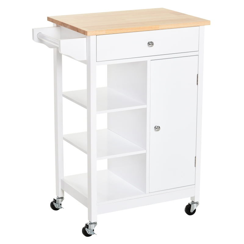 White Kitchen Trolley with Wood Top, 3 Shelves, and Storage Cupboard