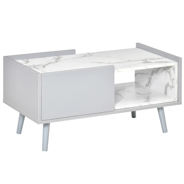White Faux Marble Coffee Table with Storage Drawer - 2-Tier Center Table for Living Room