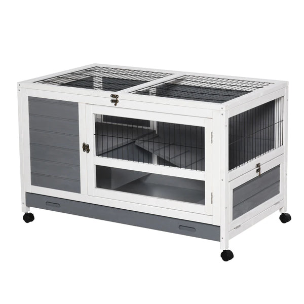 Grey Wooden Indoor Rabbit Hutch with Wheels - 102 x 60 x 63.5cm