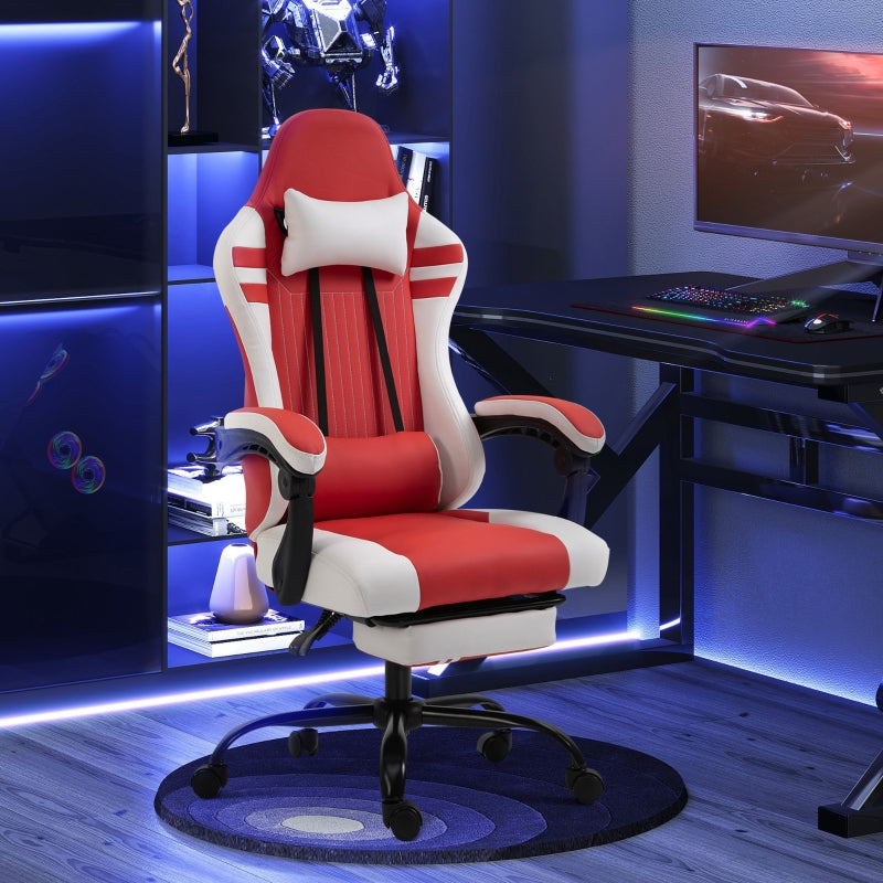 Red White Gaming Chair with Headrest, Footrest, Wheels - Adjustable Height