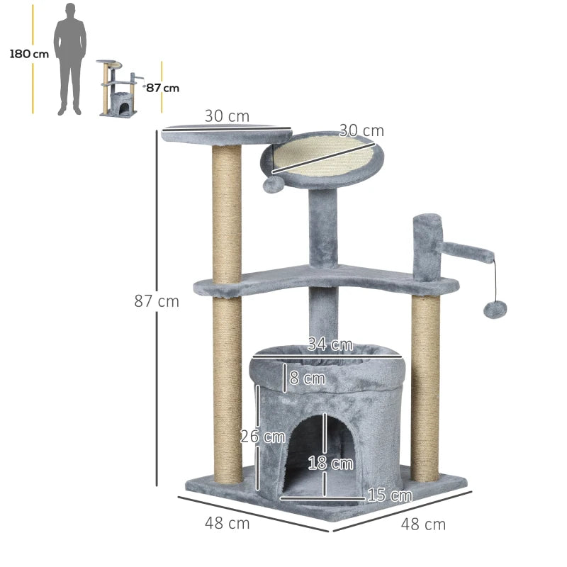 Grey Cat Tree Tower with Scratching Posts and Plush Perches