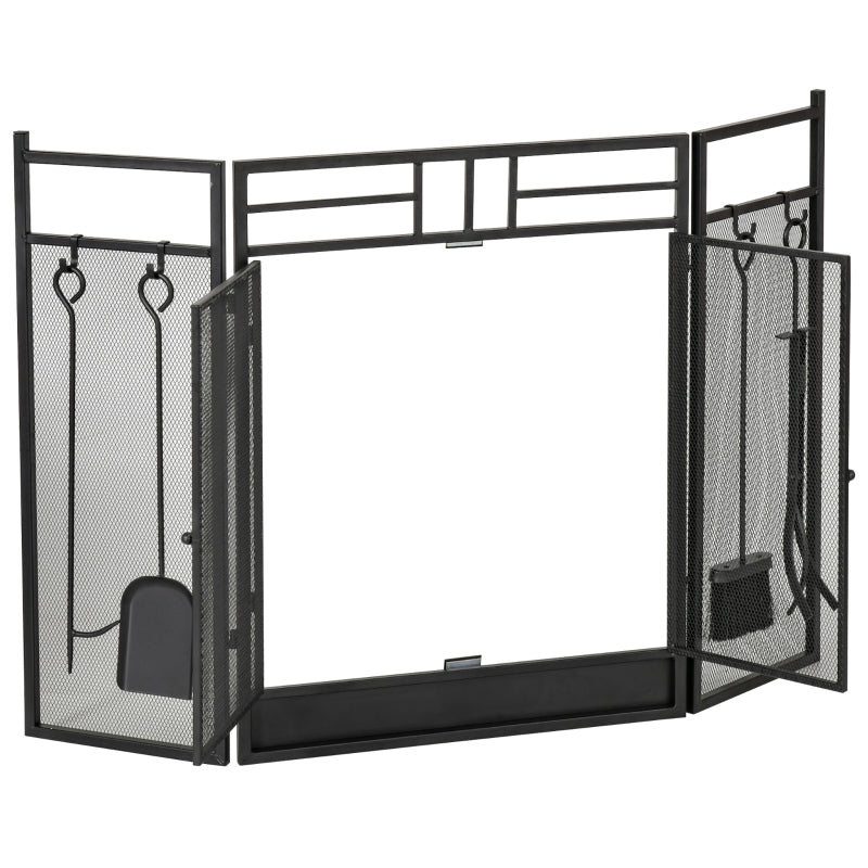 Black 3-Panel Fireplace Screen Set with Tools, Steel Mesh Guard & Double Door, 122x80 cm