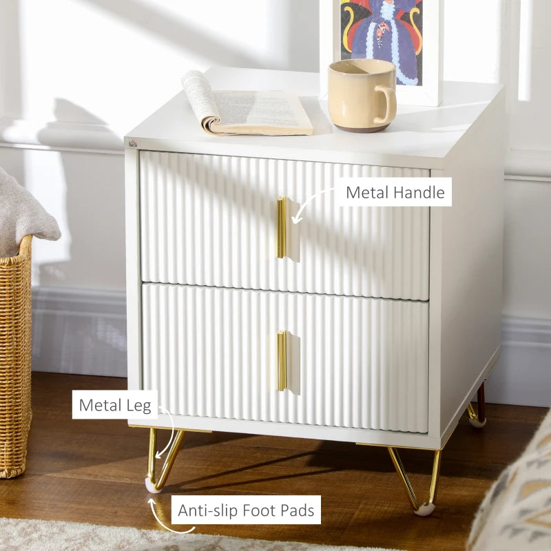 White 2-Drawer Metal Frame Bedside Table With Gold Legs