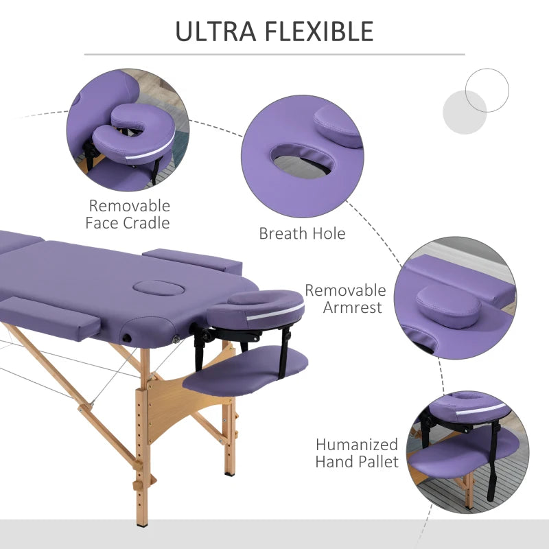 Portable Purple Massage Table with Carry Bag and Wooden Frame