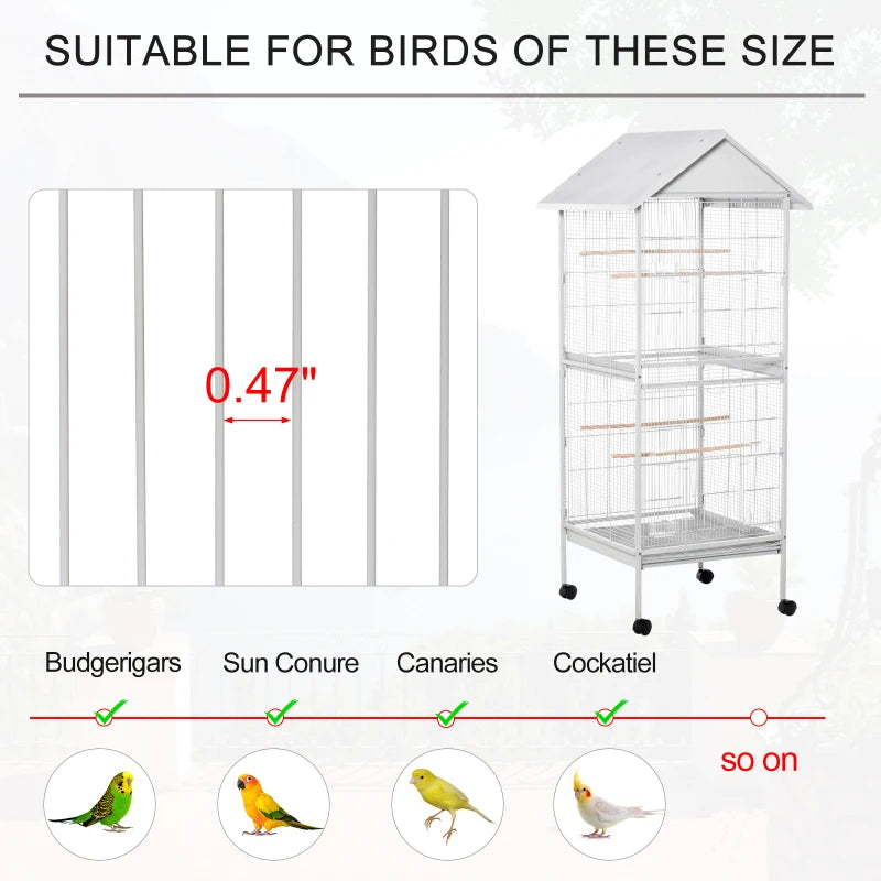 White 170cm Bird Cage with Rolling Stand & Perches