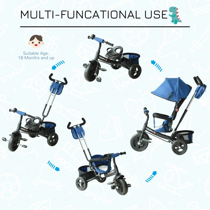 Blue 4-in-1 Kids Tricycle with Parent Handle, Canopy, and Safety Belt