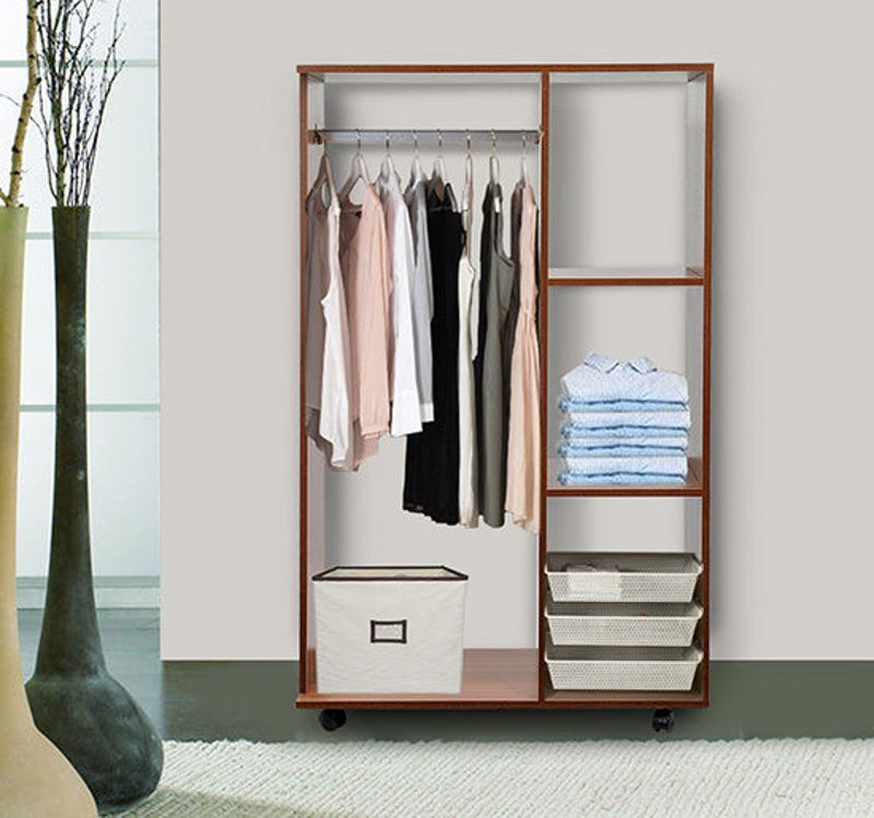 Mobile Walnut Wardrobe with Hanging Rod and Shelves