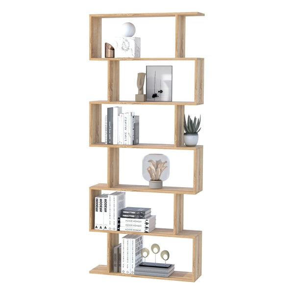 Oak Wooden S-Shaped 6-Shelf Room Divider Bookcase